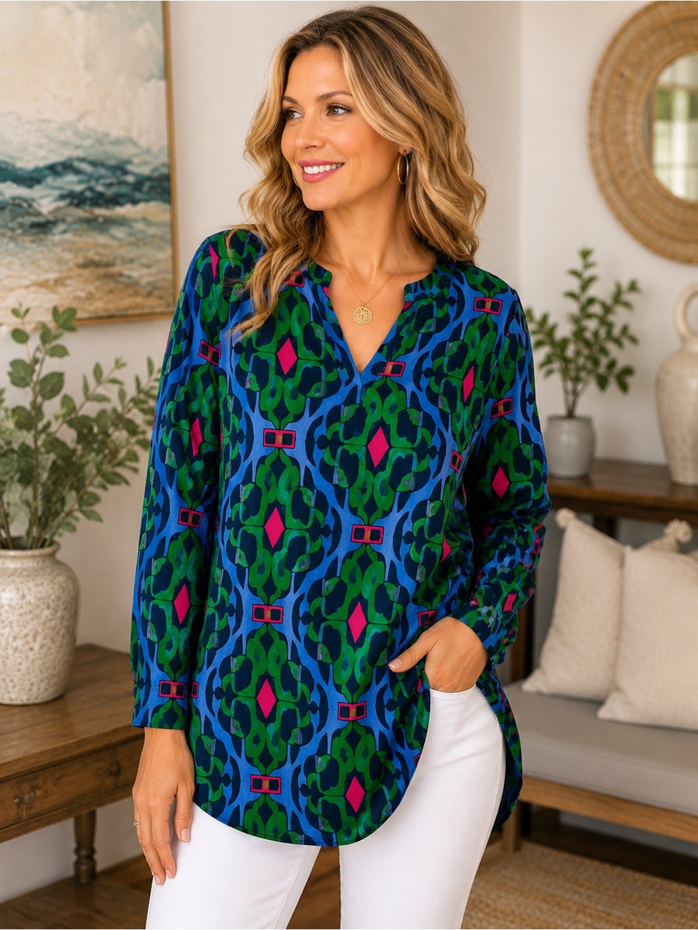 Escapada Geometric Print 100% Rayon Tunic Blouse | Medium | Blue Green Pink Boho